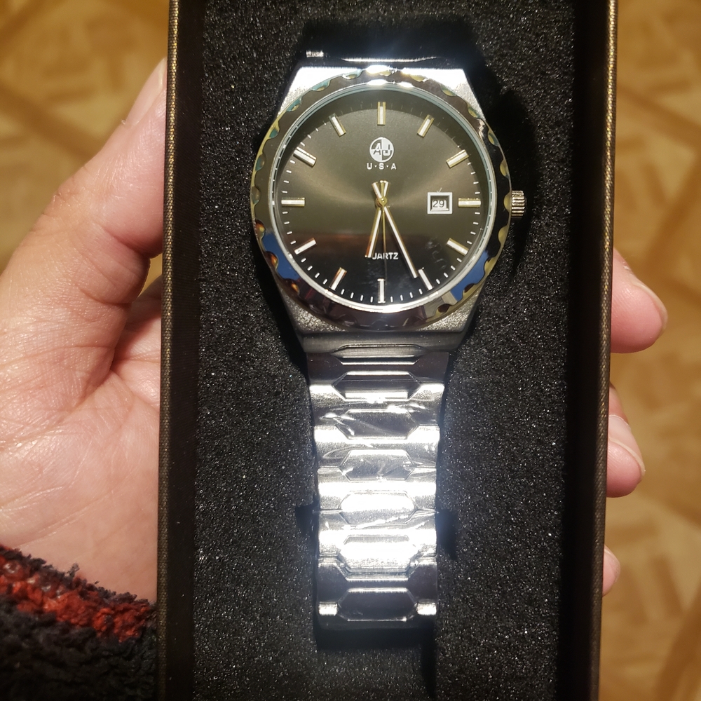 UBA Silver Stainless Steel Quartz Watch with Black Dial